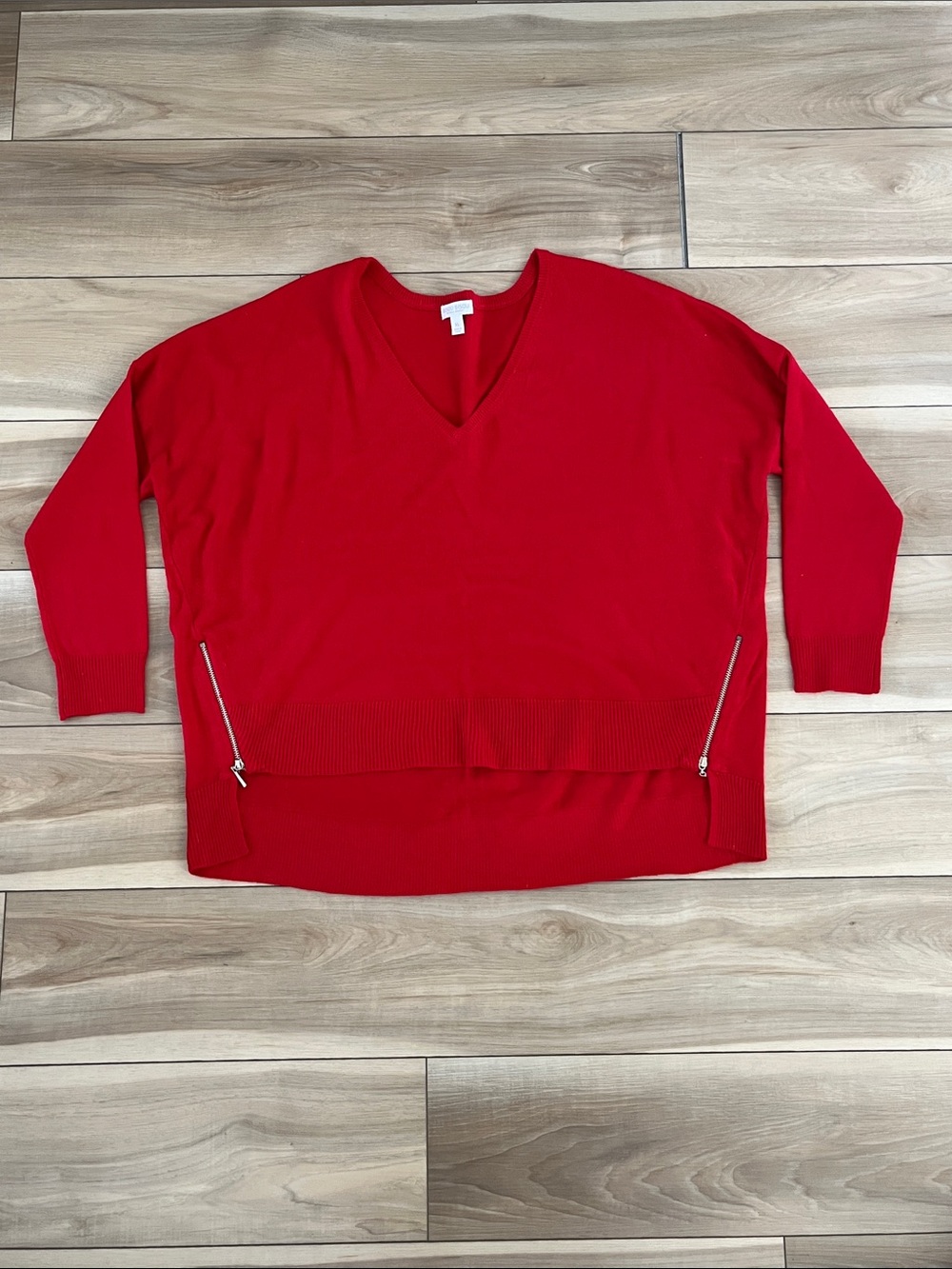 Bisou Bisou Bright Red V-Neck Sweater with Zip Accents